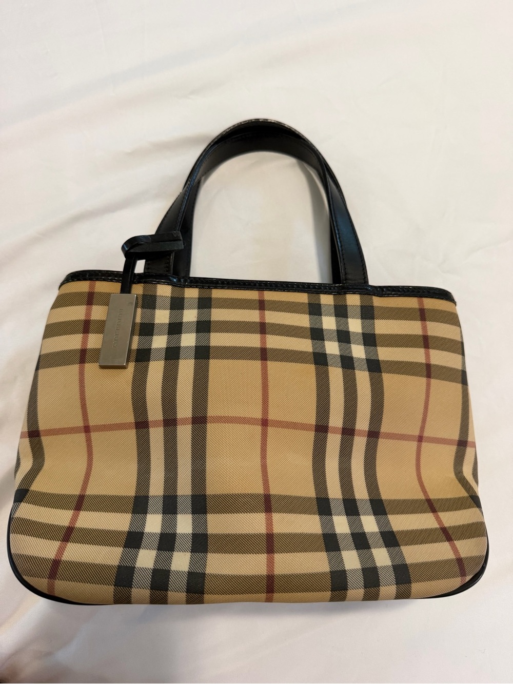 Burberry Tan Plaid Mini Tote with Black Handles